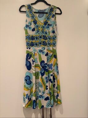 Etro Sleeveless Floral A-Line Dress in Blue, Green, Yellow